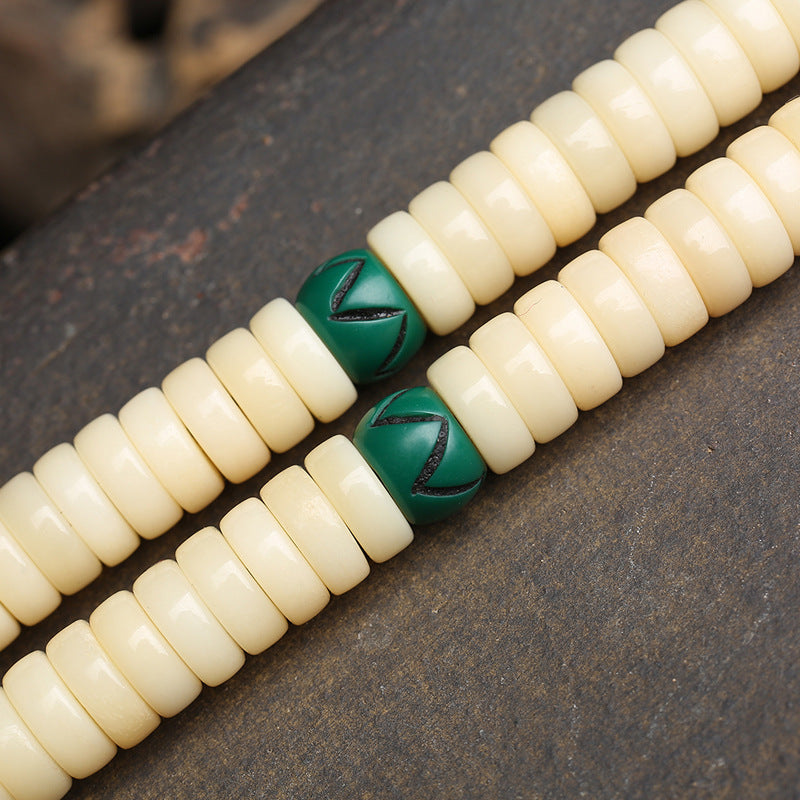 EverestArtstudios Golden-Tone Camel Bone 108-Bead Mala with Carved Accents
