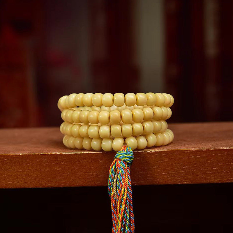 EverestArtstudios Natural Yak Bone Barrel-Bead 108-Bead Mala with Glass and Agate Accents