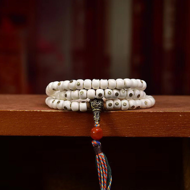 EverestArtstudios Natural Yak Bone Antique Copper Auspicious Wan 108-Bead Mala