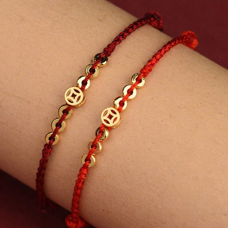 Buddha Stones Braided Red String Round Chinese Coin Good Fortune Bracelet
