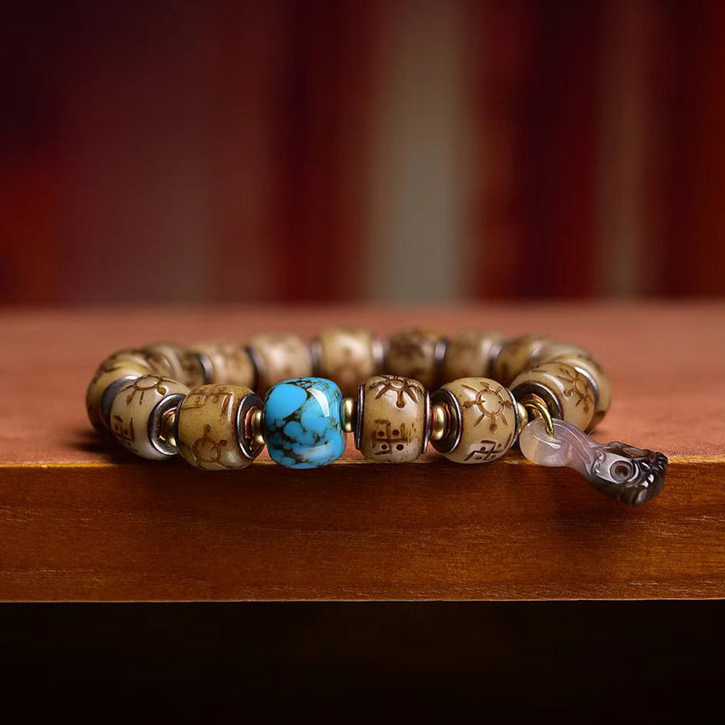 EverestArtstudios Bone Engraved Barrel Bead Inlay Bracelet