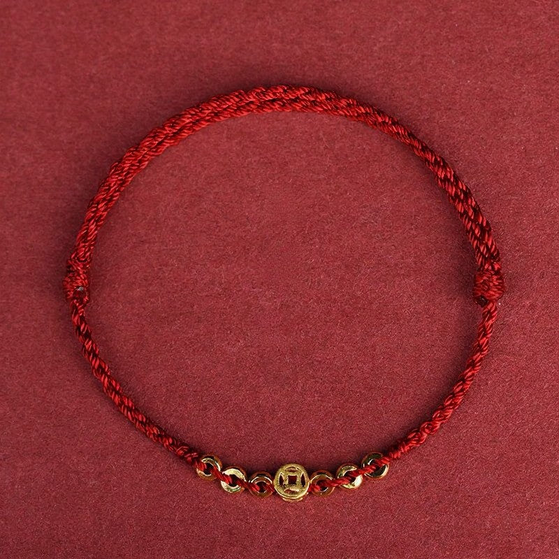 Buddha Stones Braided Red String Round Chinese Coin Good Fortune Bracelet