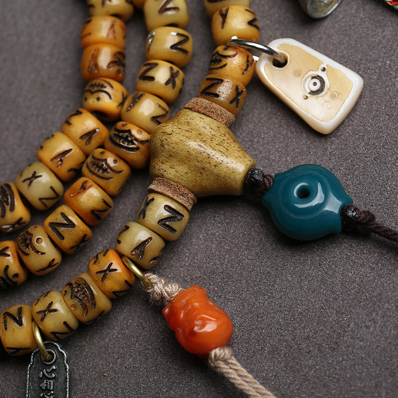 EverestArtstudios Carved Yak Bone 108-Bead Mala with Camel Bone, Glass and Agate Accents
