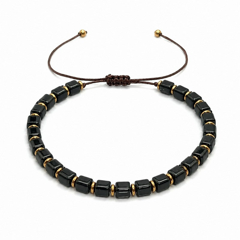Buddha Stones Black Obsidian Protection Square Bead Braided Adjustable Bracelet