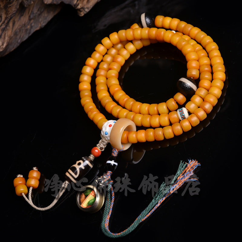 EverestArtstudios Natural Golden-Yellow Camel Bone 108-Bead Tibetan Mala with Tassel