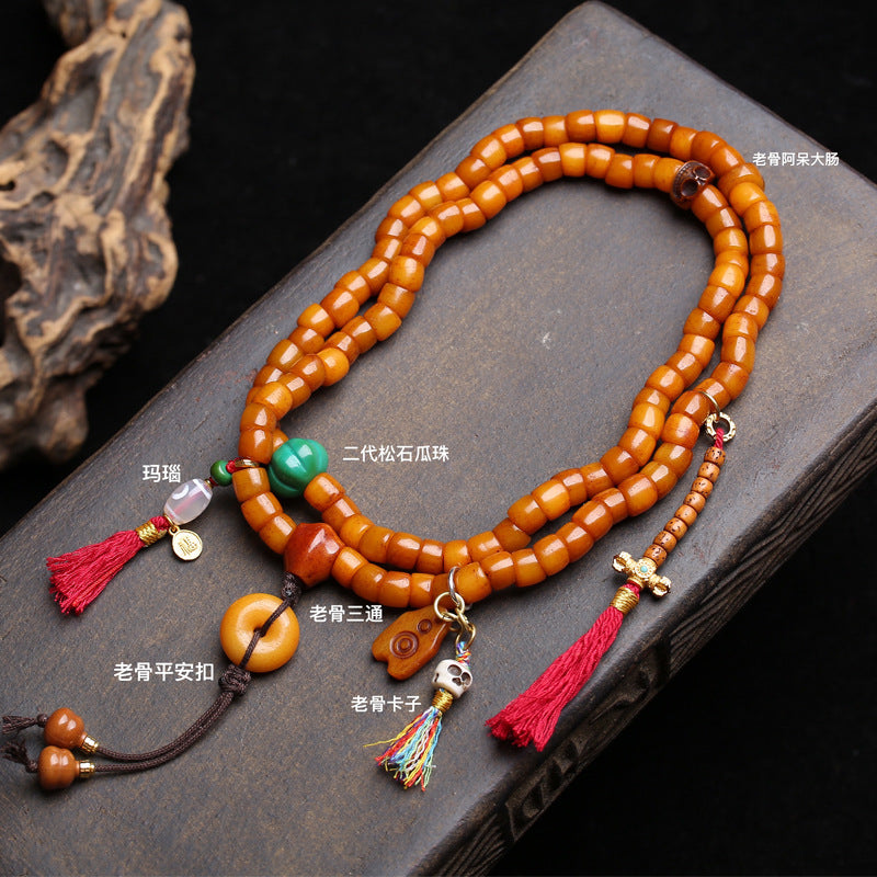 Tibetan return bone large intestine beads 108 Buddha beads male agate side hanging yak bone tee safety buckle back cloud accessories