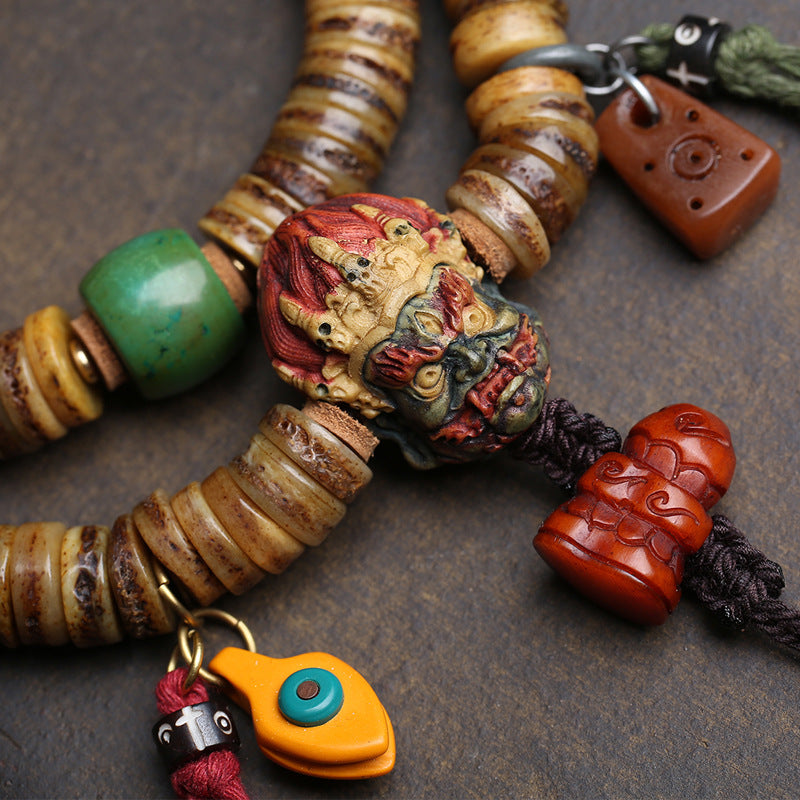 EverestArtstudios Camel Bone 108-Bead Mala with Carved Mahakala-Inspired Accent