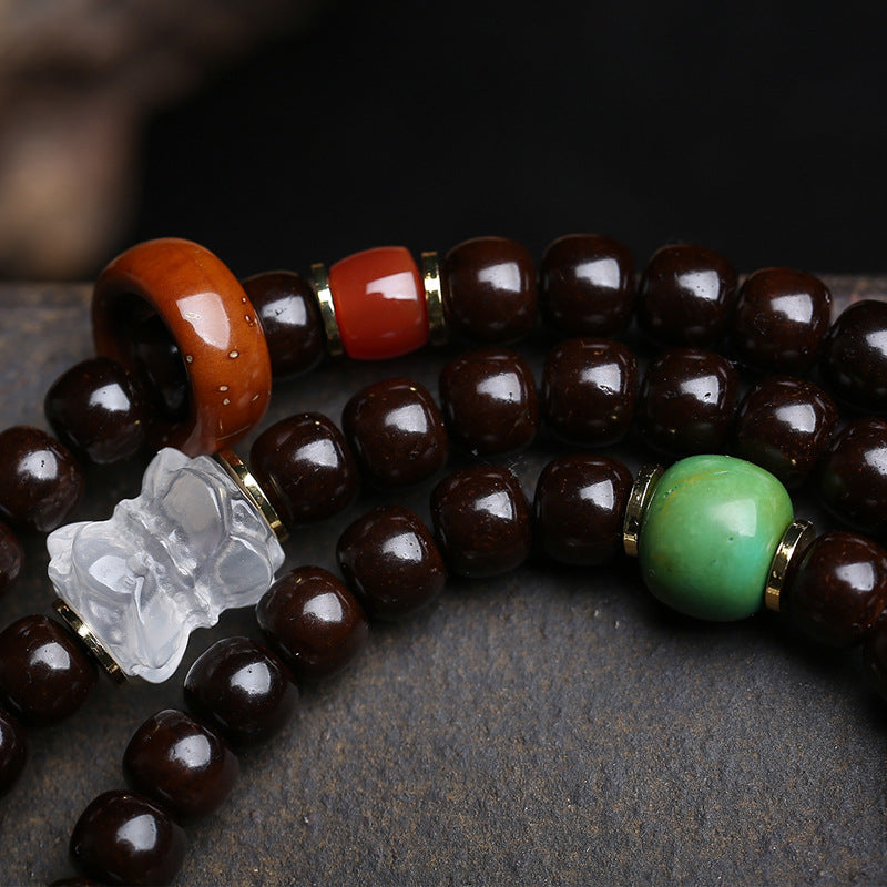 EverestArtstudios Coconut Barrel-Bead Mala with Agate and Crystal Lotus Accents