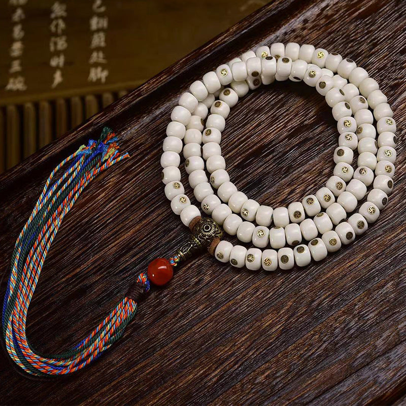 EverestArtstudios Natural Yak Bone Antique Copper Auspicious Wan 108-Bead Mala