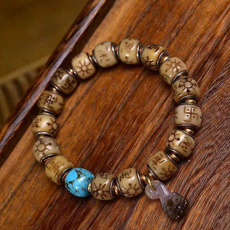 EverestArtstudios Bone Engraved Barrel Bead Inlay Bracelet