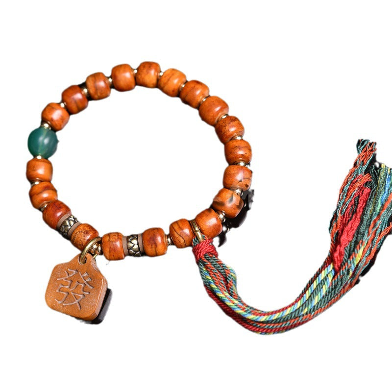 EverestArtstudios Bone Agate Dzi-Style Tassel Bracelet