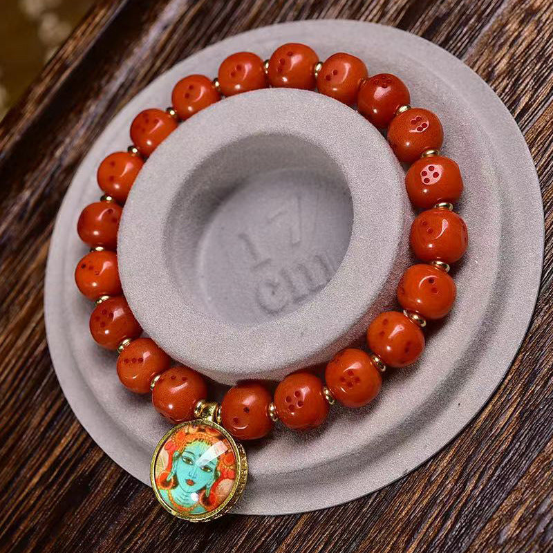 EverestArtstudios Camel Bone Dice Bead Green Tara Charm Bracelet