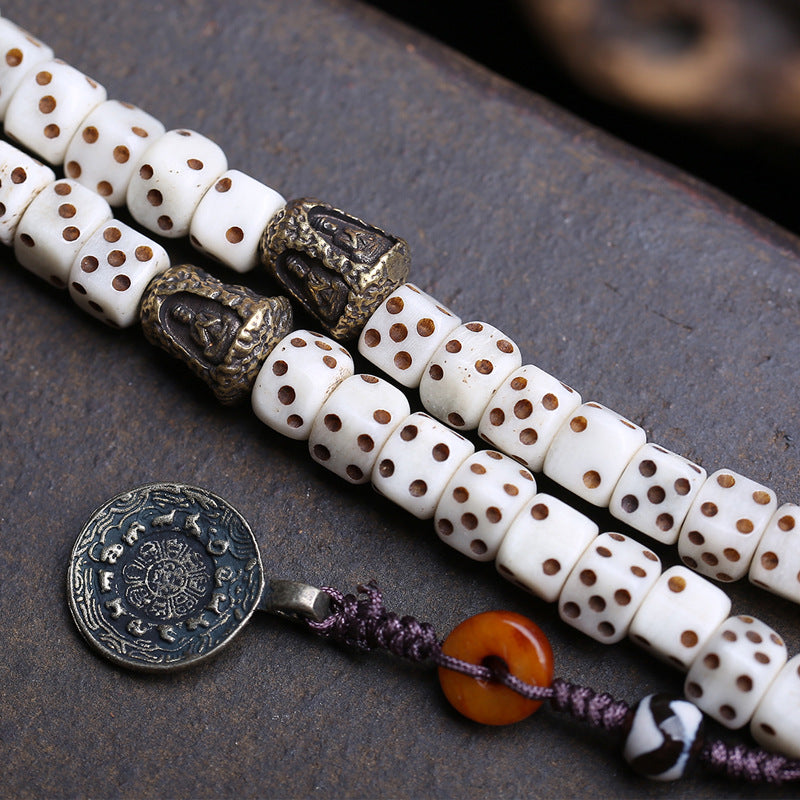 Tibetan return bone carving dice 108 Buddha beads Gawu box yellow God of Wealth pendant old bone inlaid dzi beads accessories