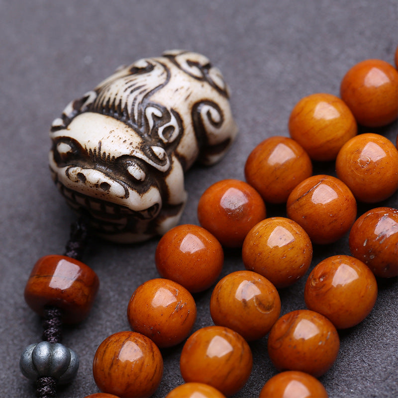 108 Buddhist beads, rosary beads, round beads engraved with yellow God of Wealth pendant and glazed yak bone accessories.