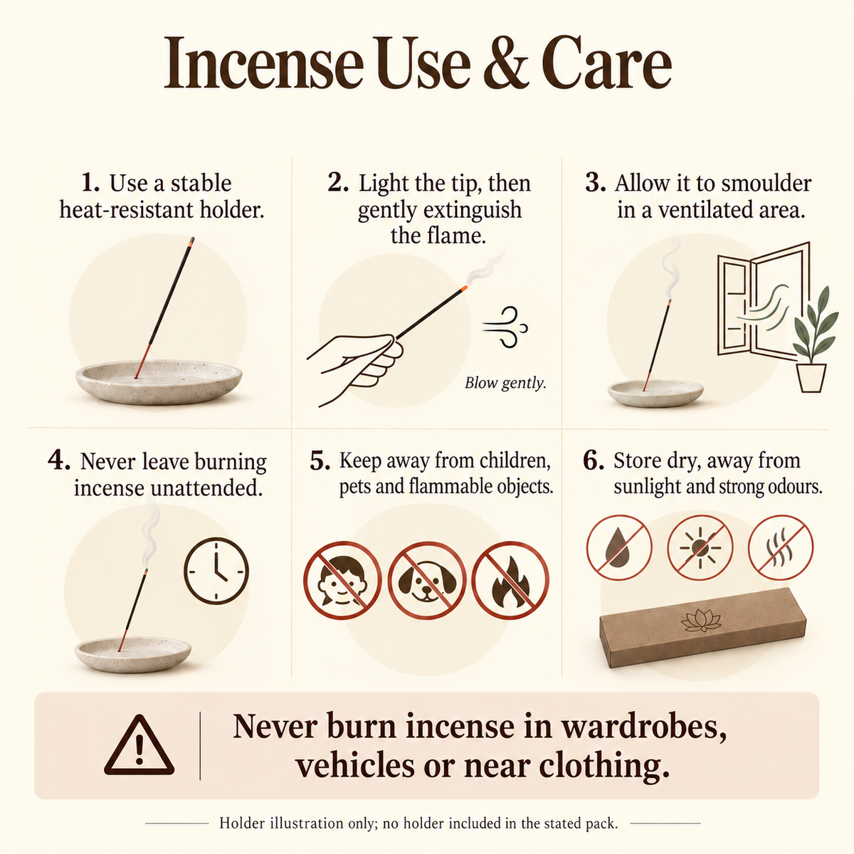 Incense use and care; demonstration holder only