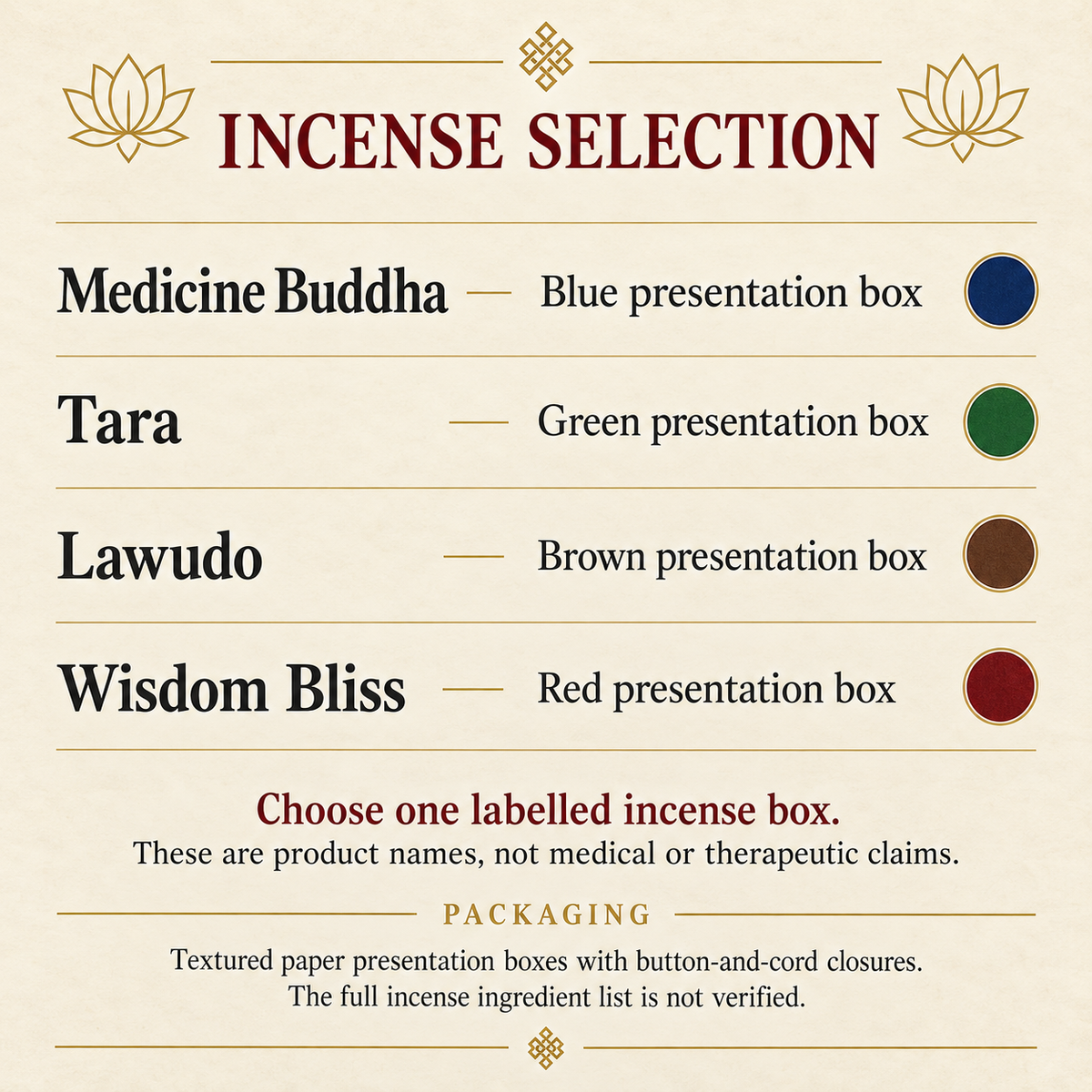Incense selection and paper packaging