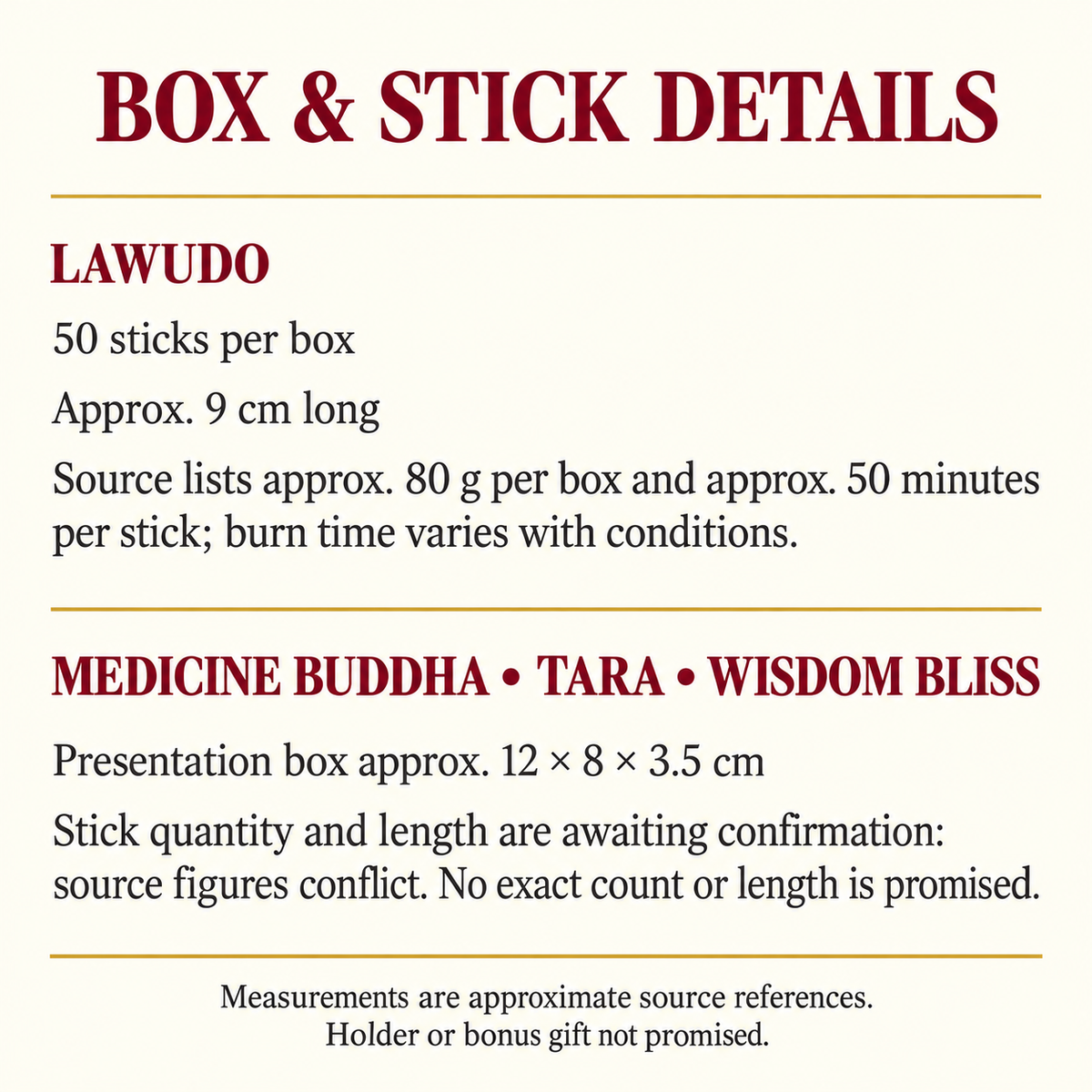 Box dimensions and confirmed or unresolved stick specifications