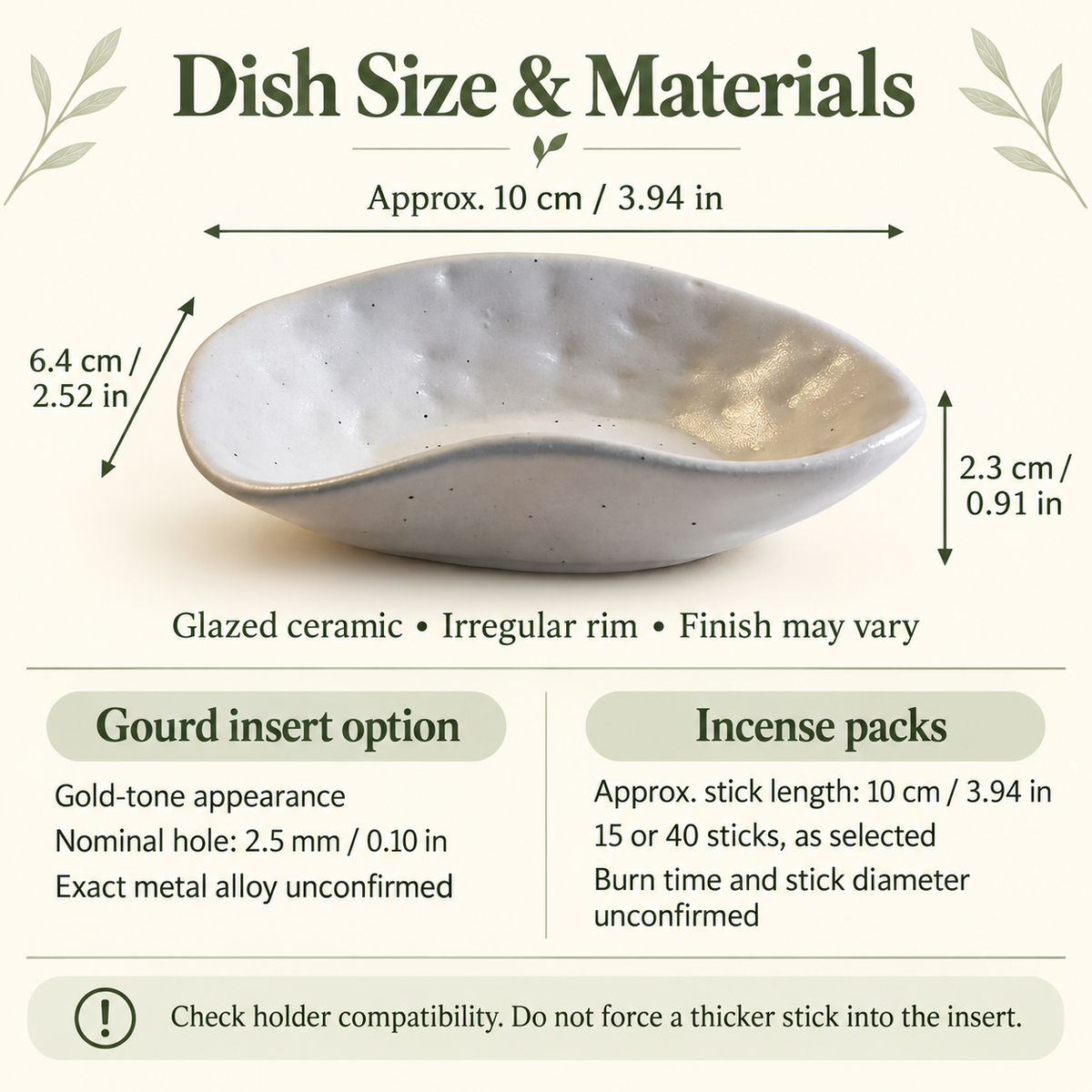 Ceramic dish materials and approximate size; gourd insert compatibility