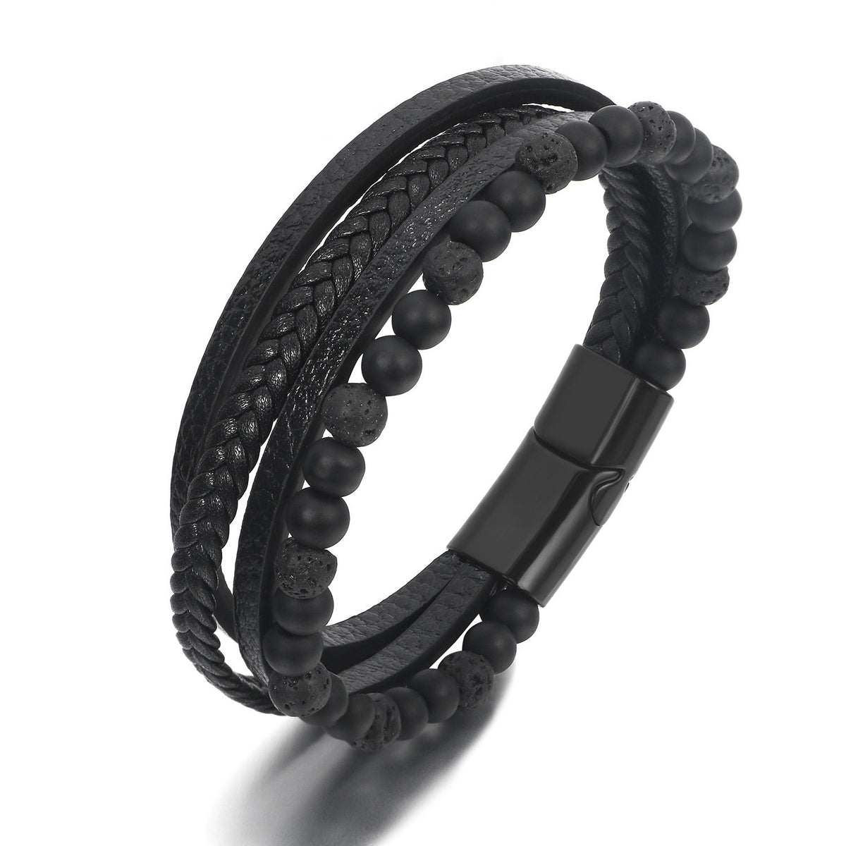 Bracelet cuir et pierre de lave noire