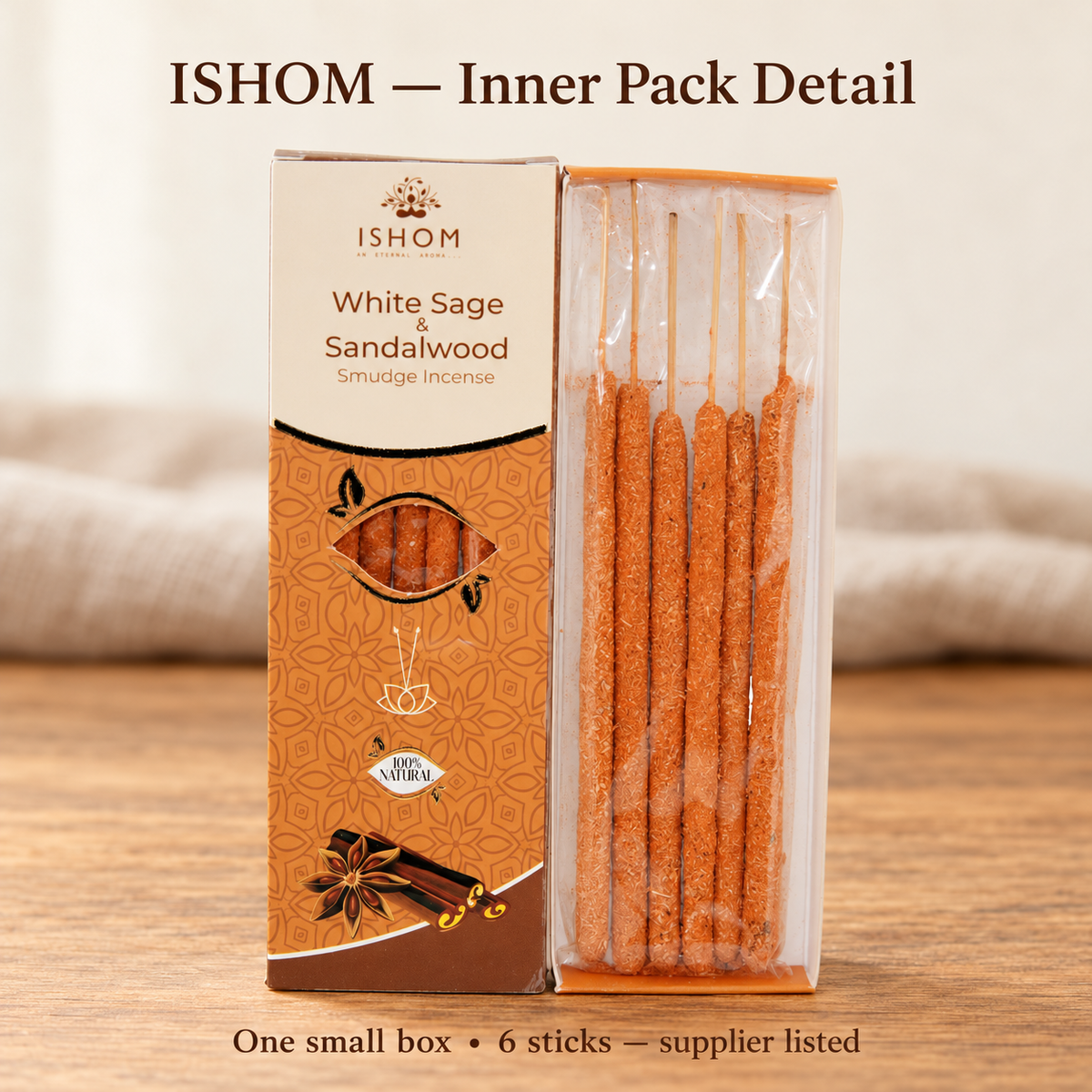 ISHOM White Sage and Sandalwood box and six-stick inner bag