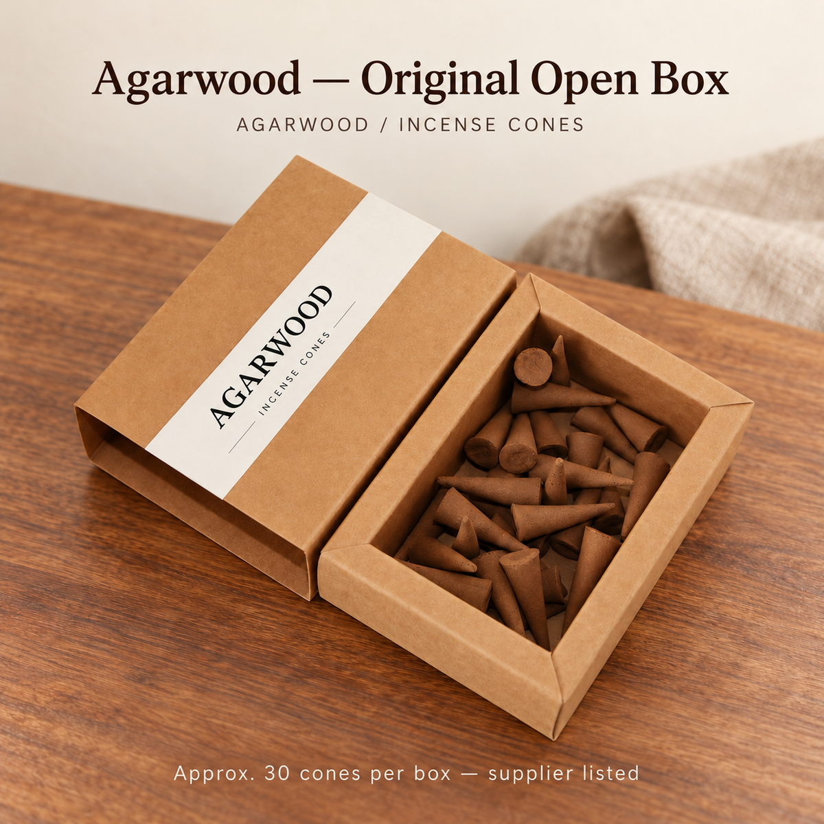 Agarwood open brown paper box with original cone pile