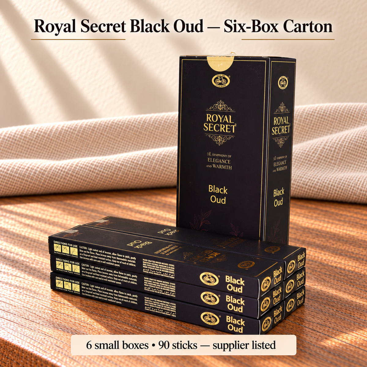Royal Secret Black Oud — Six-Box Carton — Six small boxes • 15 sticks each • 90 total — supplier listed