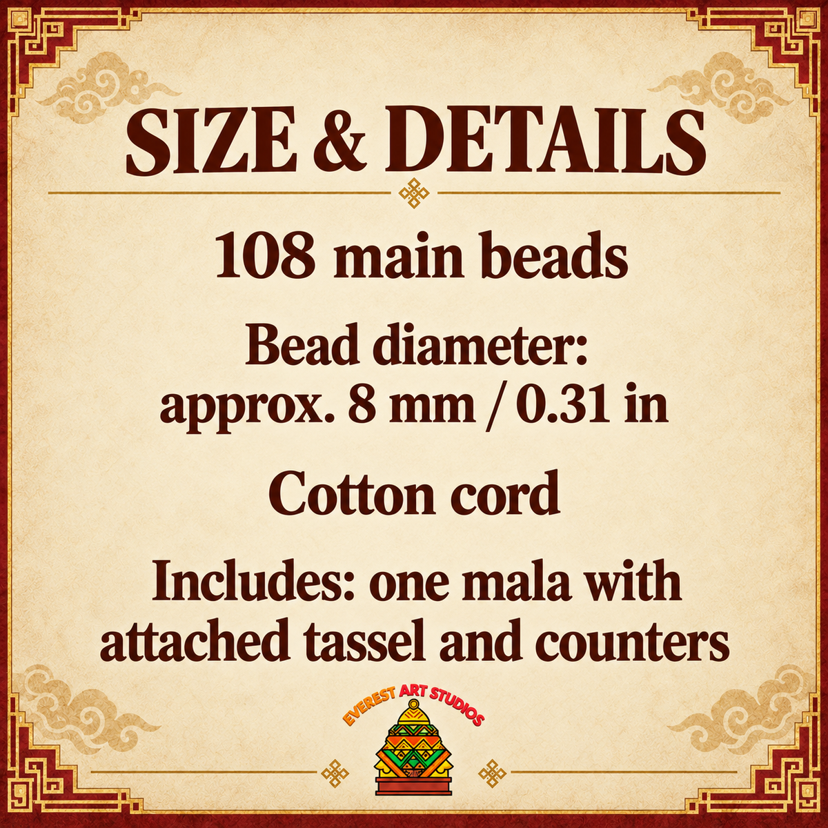 07 specifications — red cinnabar composite 108-bead mala