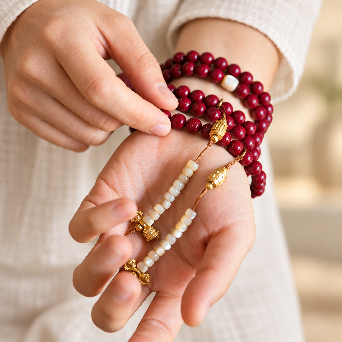 14 wrist — red cinnabar composite 108-bead mala