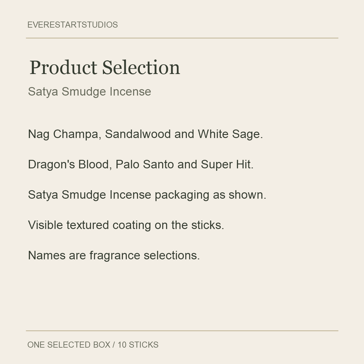 Satya Smudge Incense — Six Fragrances — Product Selection