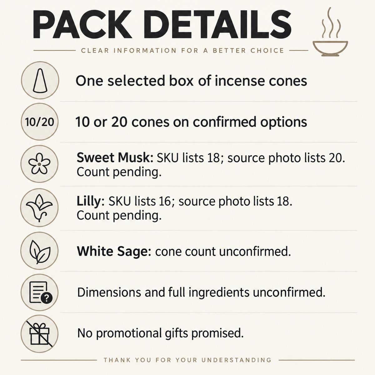 RAJ cone incense Spec information