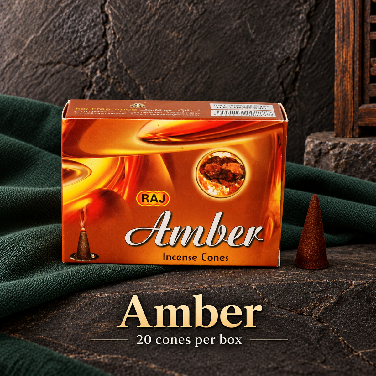 Amber — 20 cones — original RAJ cone incense packaging