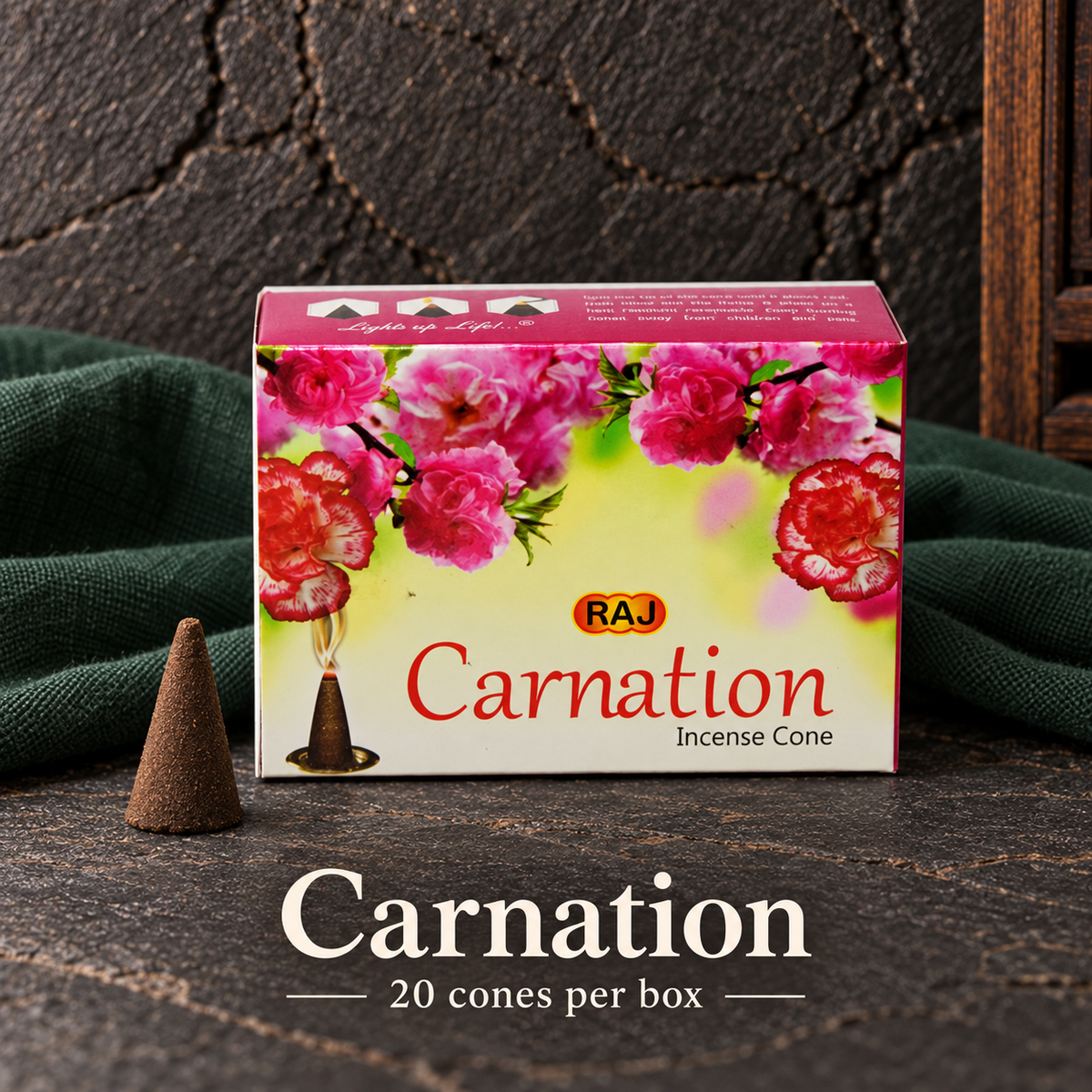 Carnation — 20 cones — original RAJ cone incense packaging