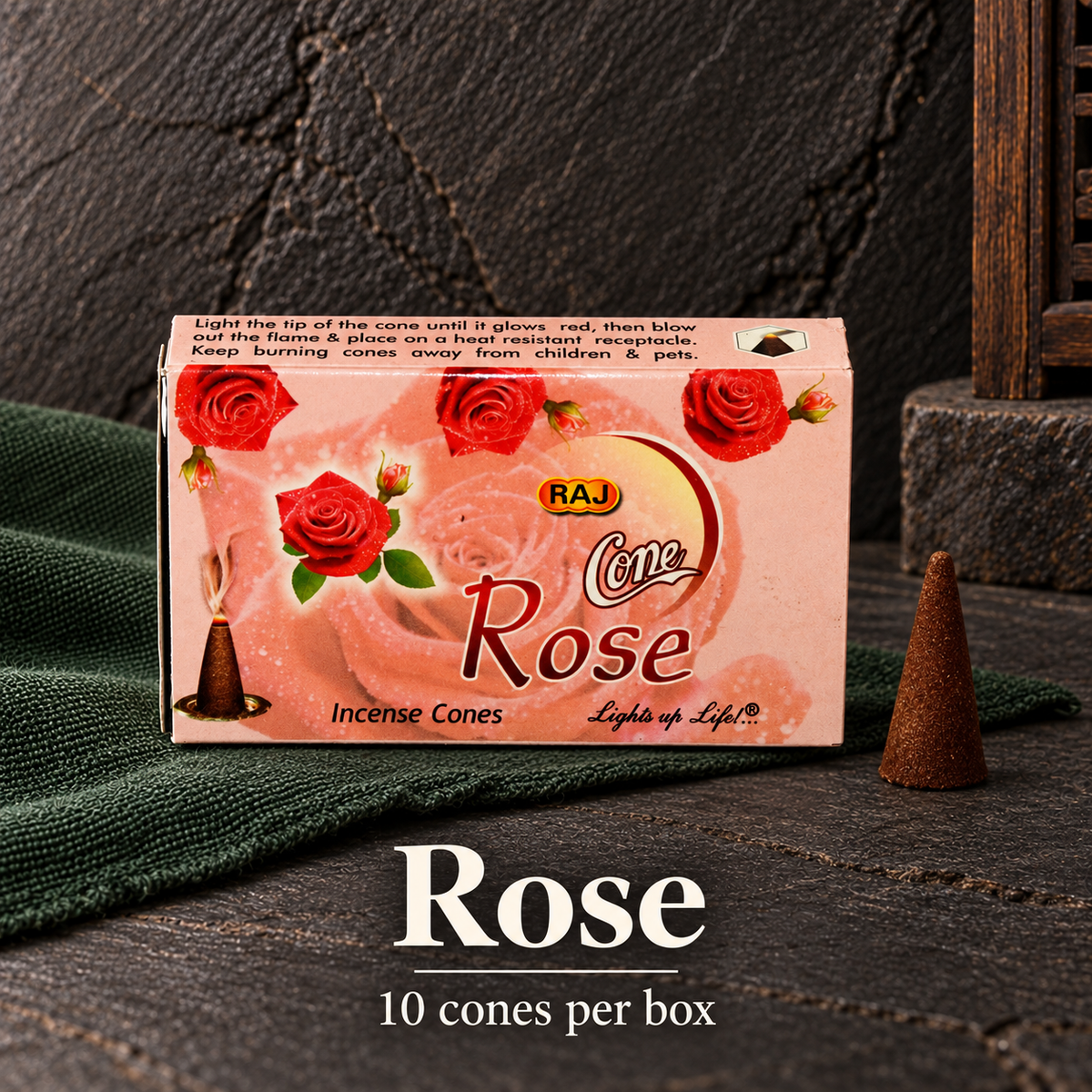Rose — 10 cones — original RAJ cone incense packaging