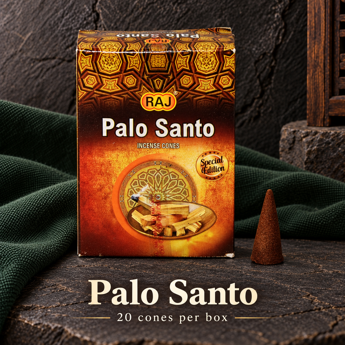 Palo Santo — 20 cones — original RAJ cone incense packaging