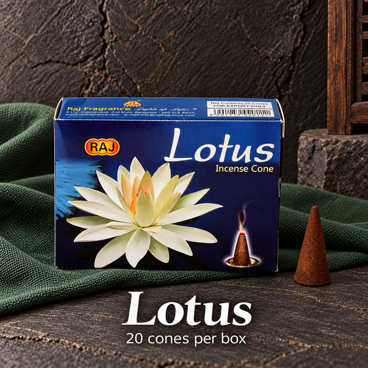Lotus — 20 cones — original RAJ cone incense packaging