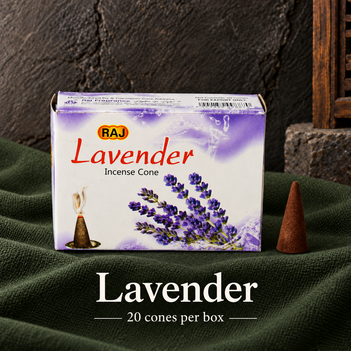 Lavender — 20 cones — original RAJ cone incense packaging