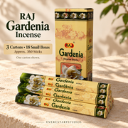 RAJ Gardenia three-carton order: 18smallboxesapprox360sticks;onecartonshown