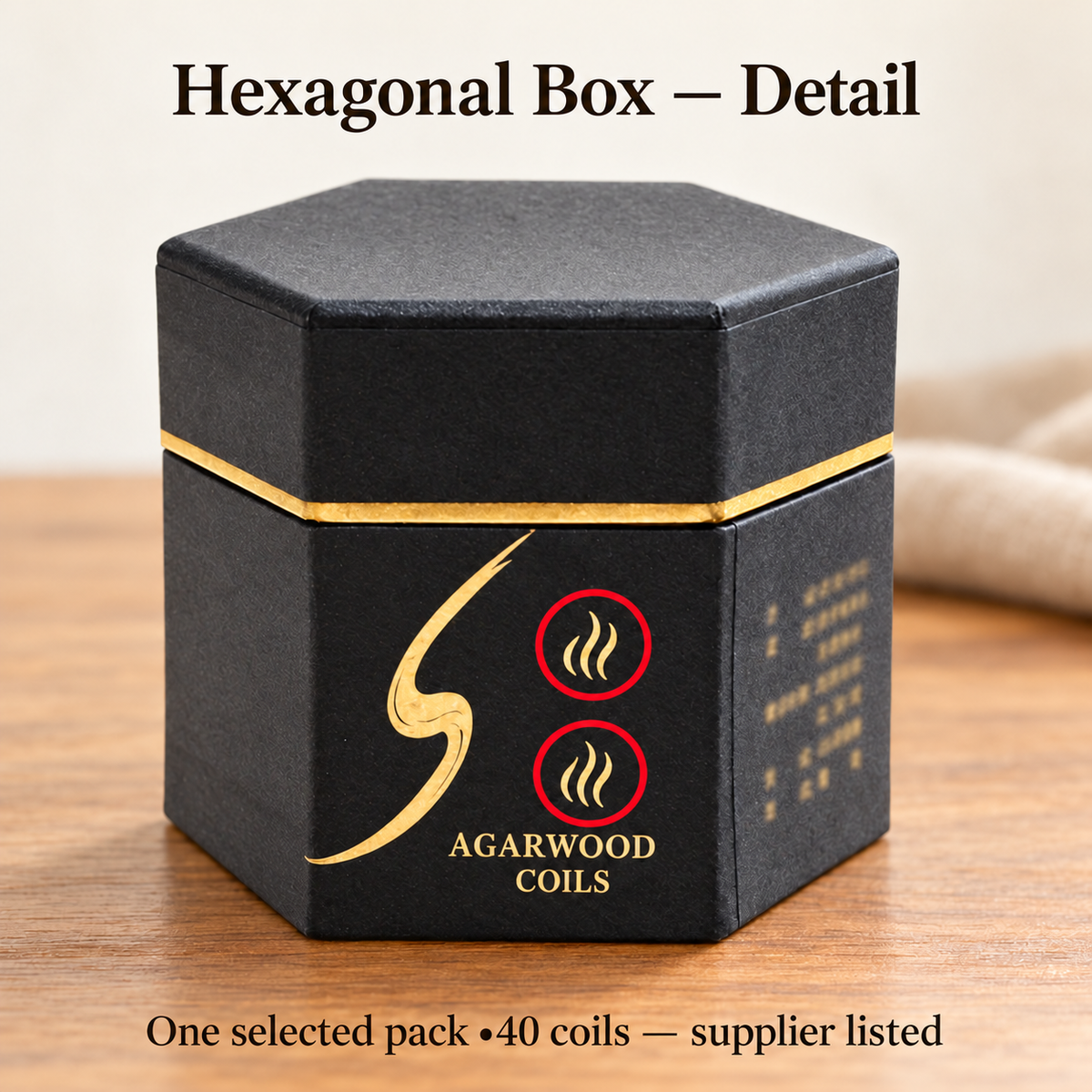 Agarwood black hexagonal box label detail