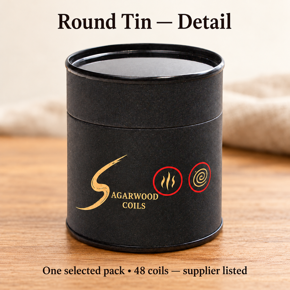 Agarwood round tin label detail