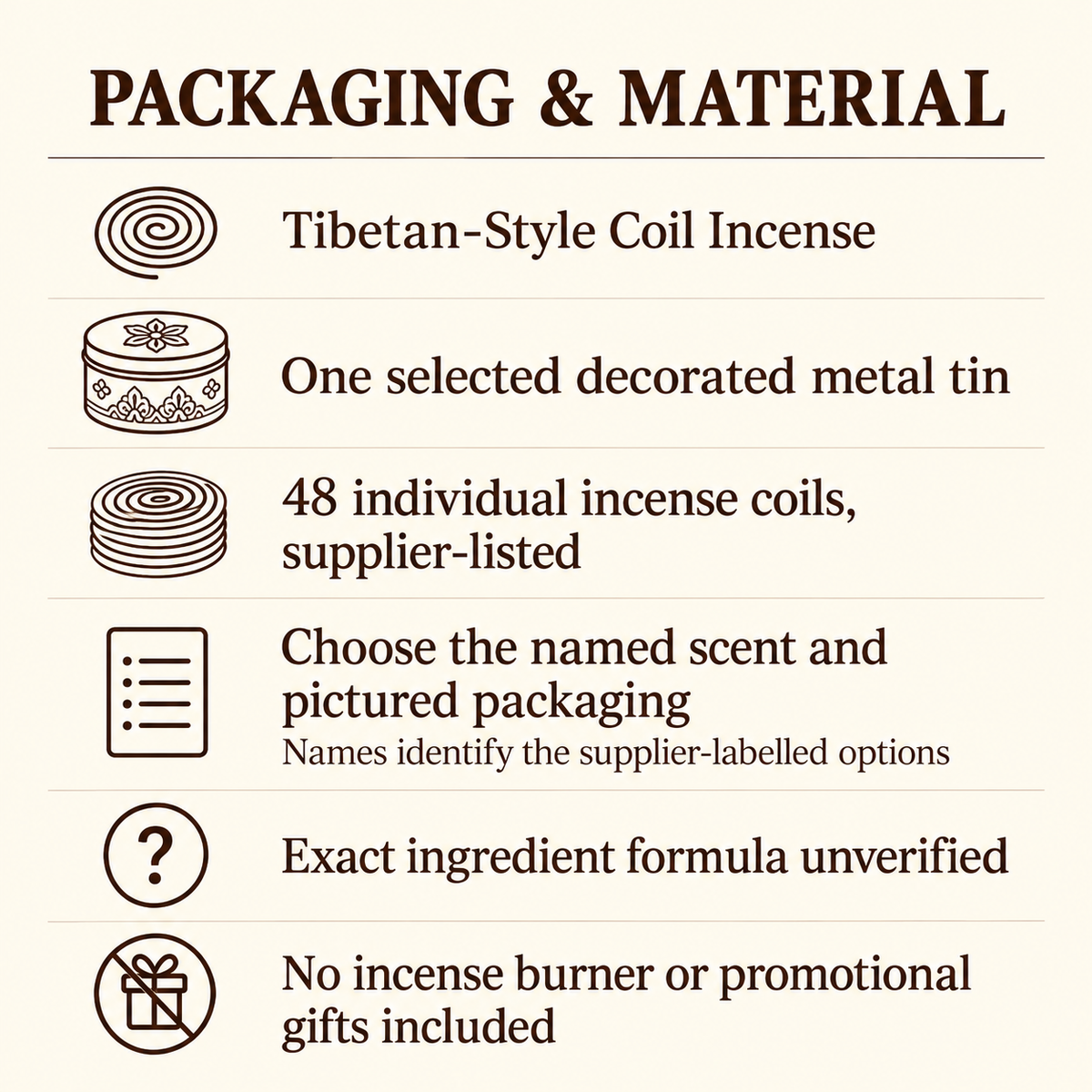 Tibetan-Style Coil Incense — Five Named Scents, 48-Coil Tins — pack