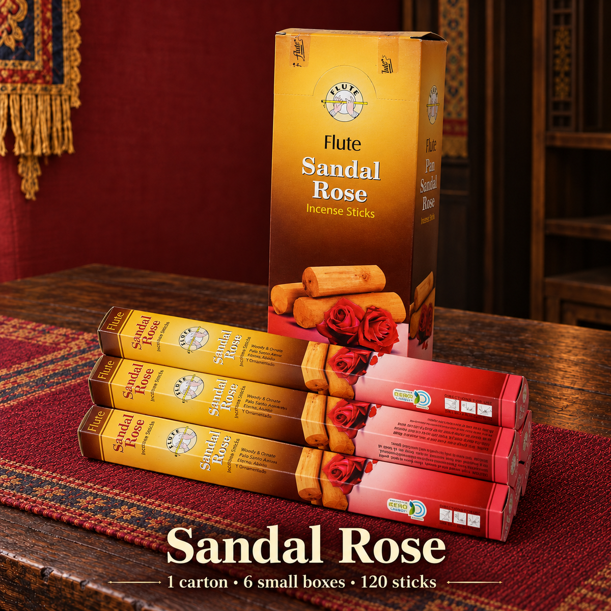 Flute Sandal Rose — carton of 6 small boxes / 120 sticks