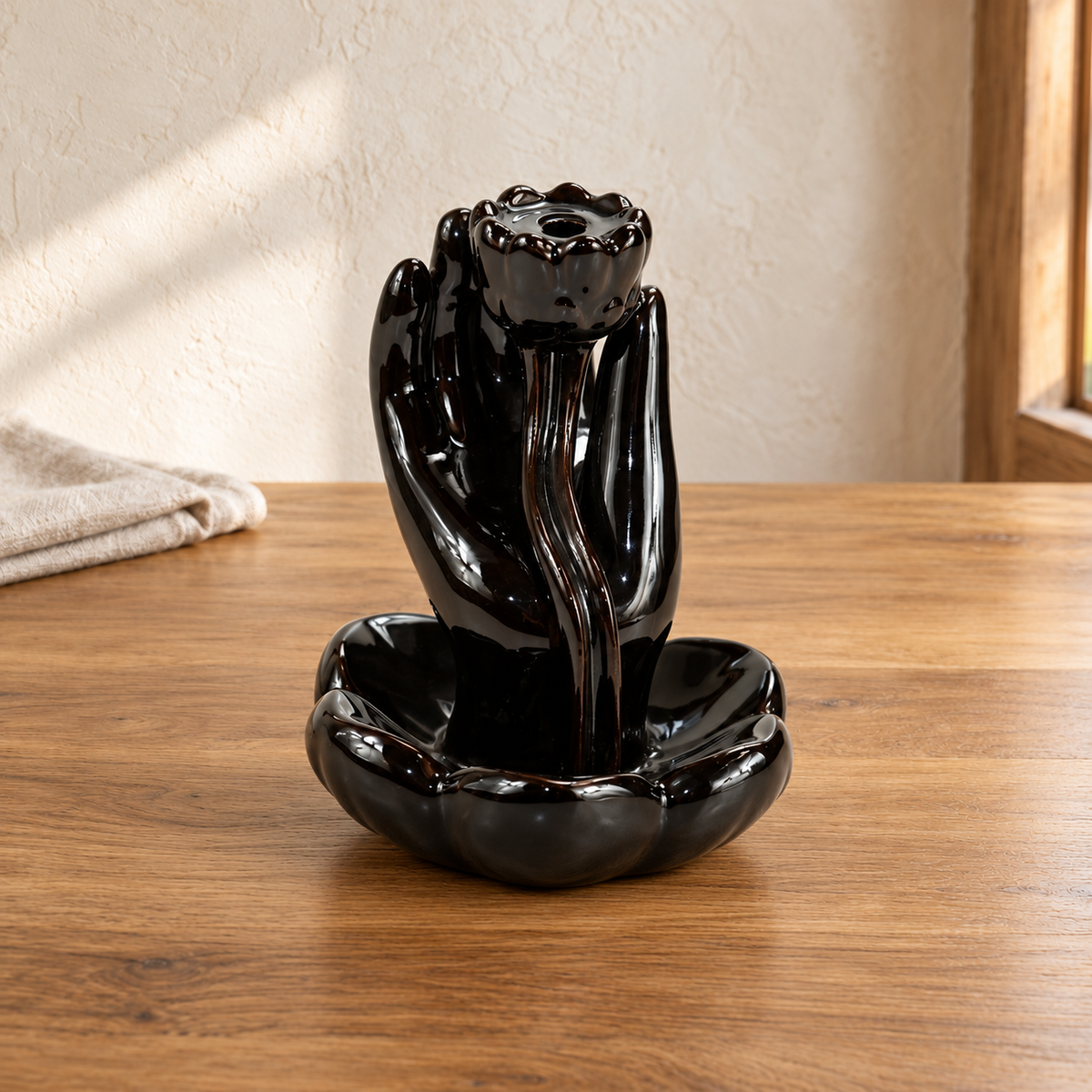Glossy black ceramic lotus hand backflow incense holder