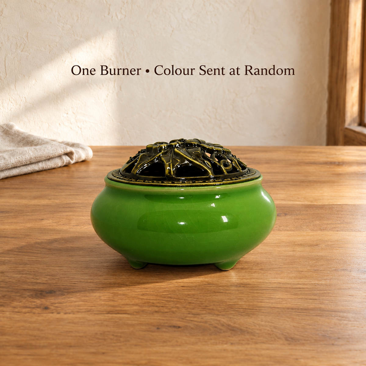 One glazed ceramic incense burner with pierced floral lid; representative green example, colour sent at random