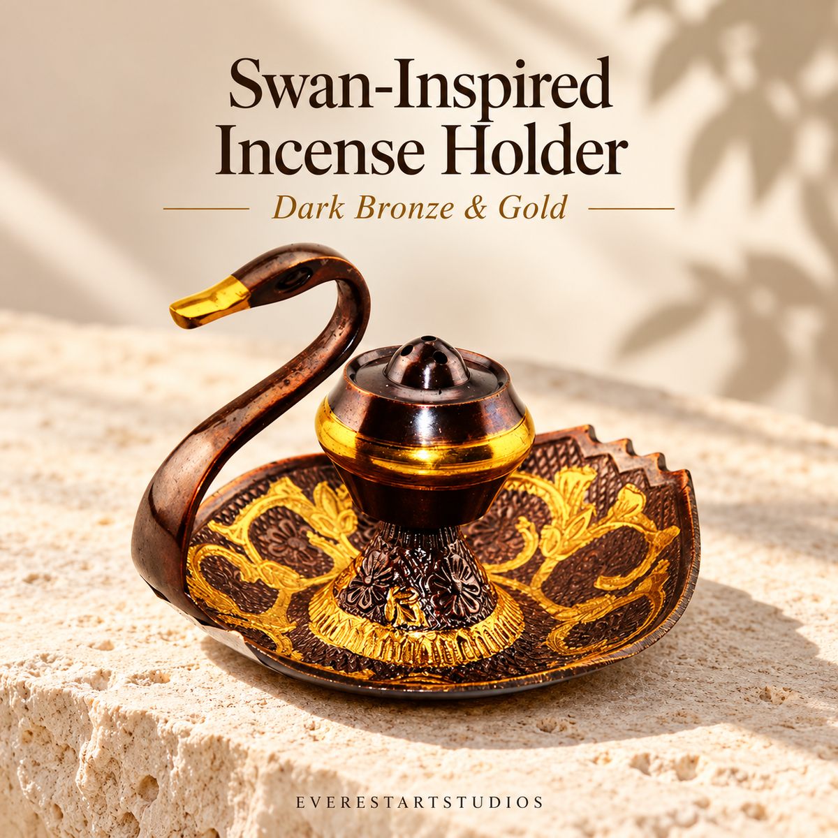 Swan-inspired incense holder, Dark Bronze & Gold finish, holder only