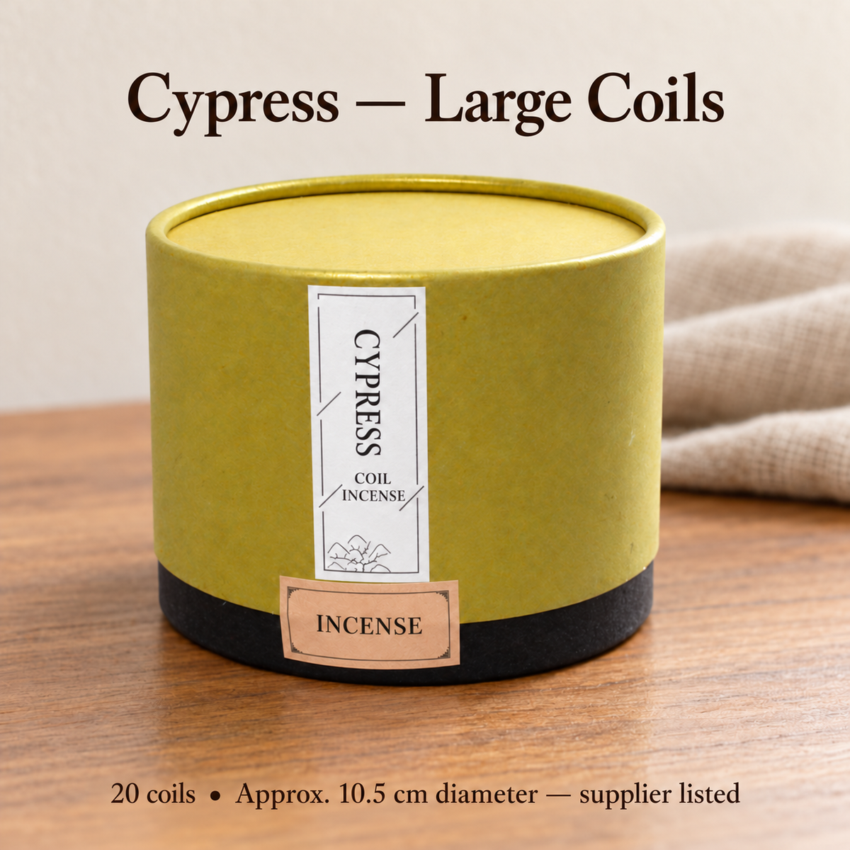 Cypress large coil incense in original gold-and-black canister, 20 coils