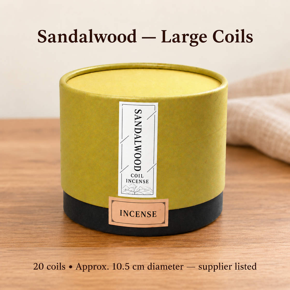 Sandalwood large coil incense in original gold-and-black canister, 20 coils