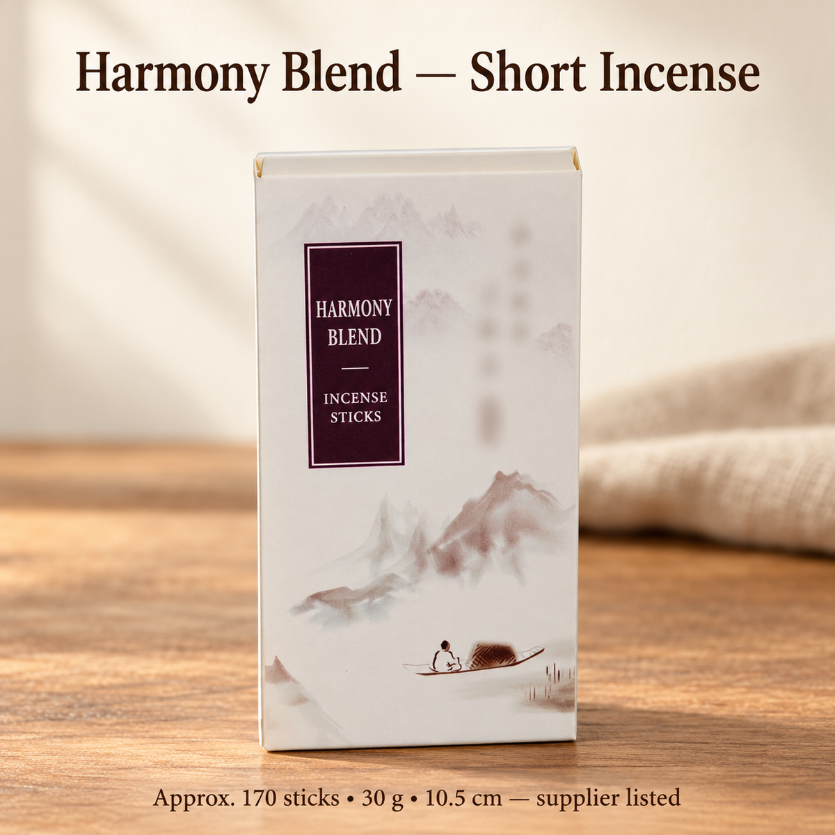 Harmony Blend short incense in original landscape-art box, approximately 170 sticks and 30 g