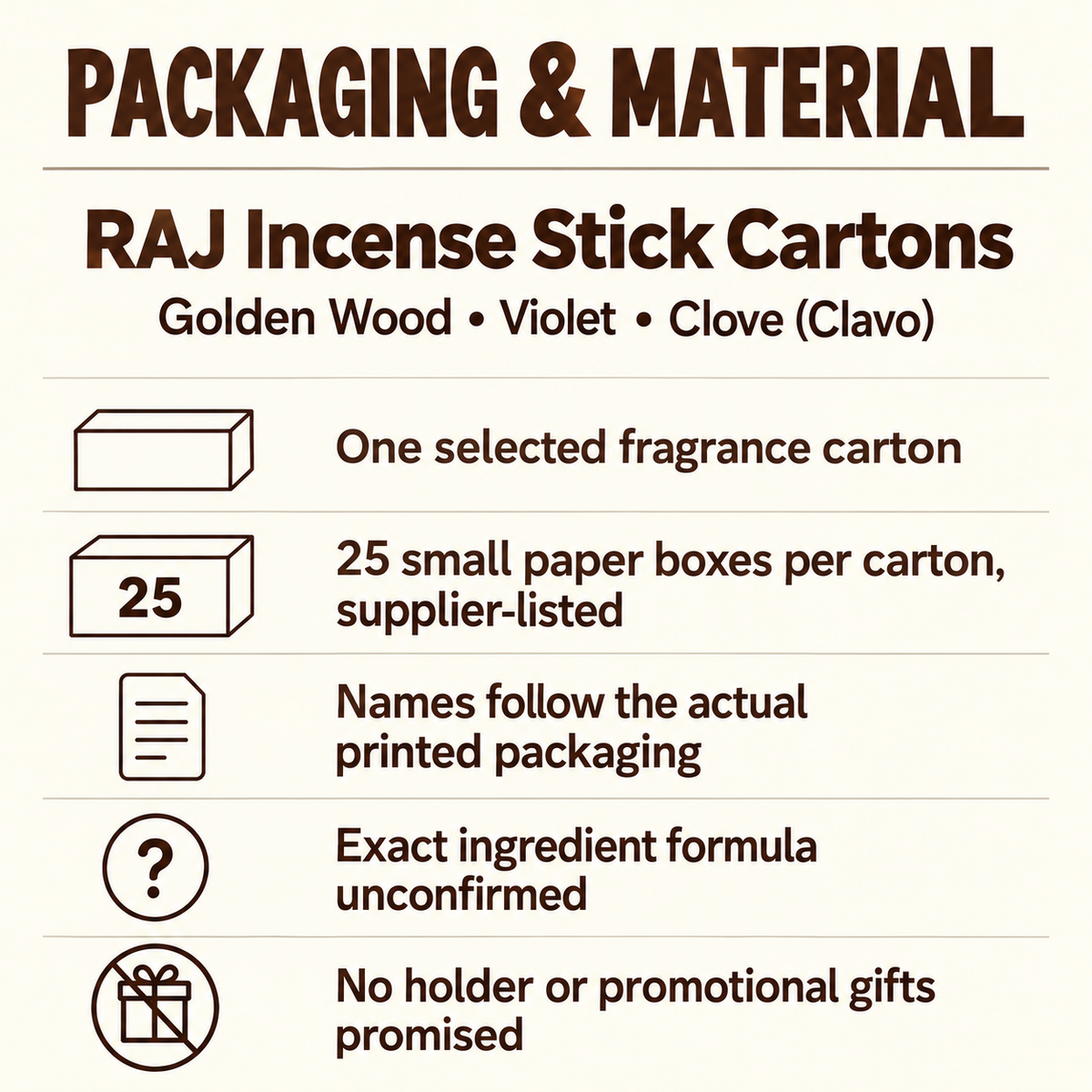 RAJ Incense Sticks — Golden Wood, Violet & Clove, 25-Box Cartons — pack