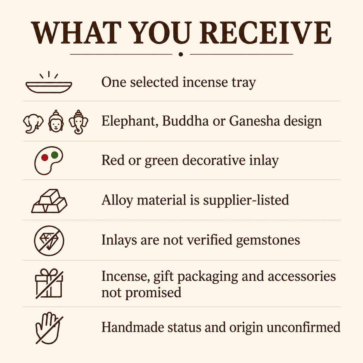 Decorative Alloy Incense Trays — Elephant, Buddha & Ganesha, Red or Green Inlay — pack