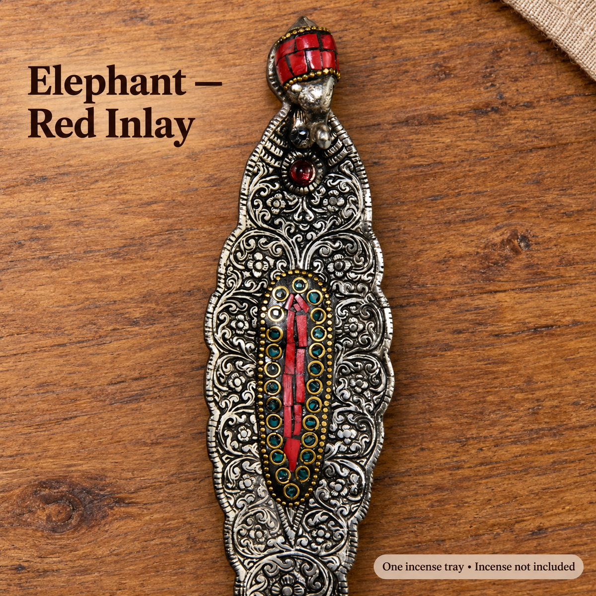 Decorative Alloy Incense Trays — Elephant, Buddha & Ganesha, Red or Green Inlay — variant-01